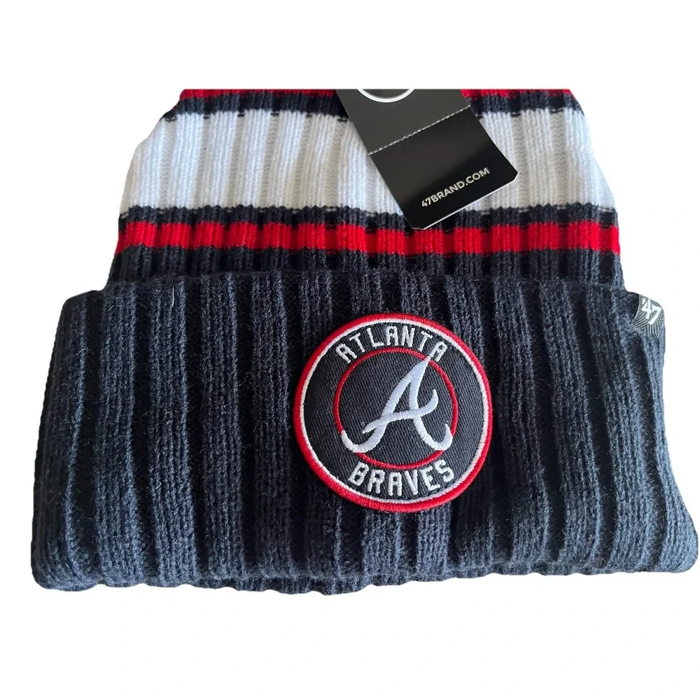 Atlanta Braves 47 Striped Winter Beanie MLB Hat Cap Red White Navy NEW w/ Tags!!
